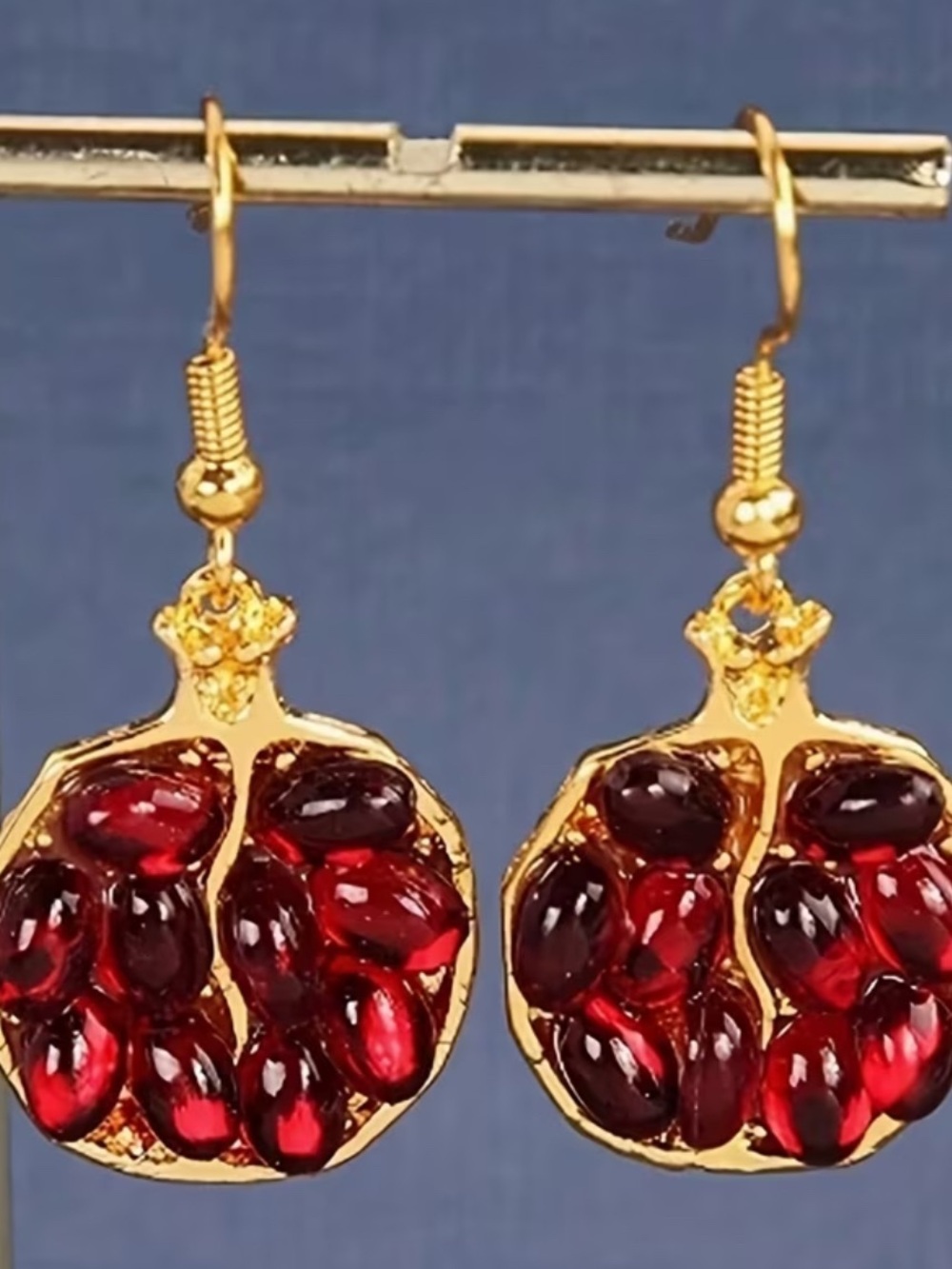 Gold Pomegranate Drop Earrings with Deep Red Kernals